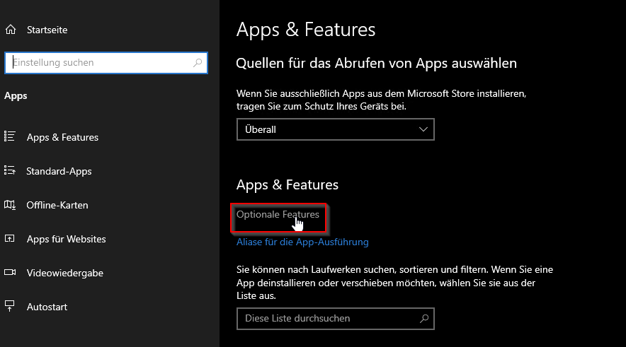 Windows 10 Apps optionale Features